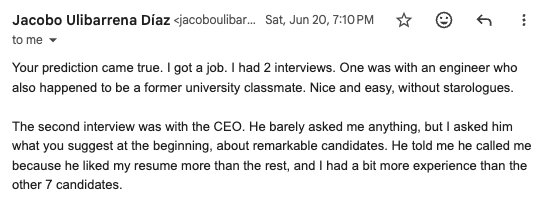Message: 'Your prediction came true. I got a job.'
